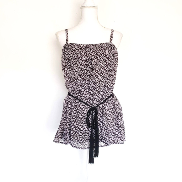 BISOU BISOU Tank Top Womens SIZE L Brown Tassel Waist Belt Lined Spaghetti Strap - Picture 1 of 11